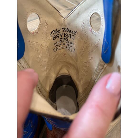 Old West BSY 1840 Cowboy Boots Brown Toe/Heel with Blue Shafts Size 6/7. - Picture 5 of 7